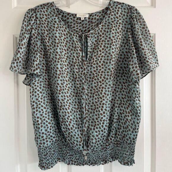 Laura Petites Teal Animal Print Metallic Short Sleeve Blouse 8 - Picture 2 of 15